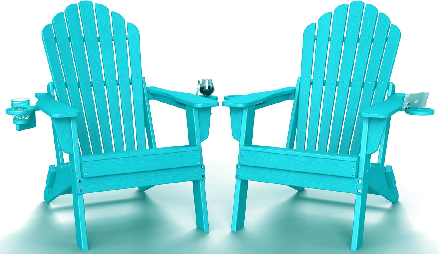 Plawdlik Folding Adirondack Chair Set of 2 with Dual Cup Holders, SGS Tested Heavy-Duty All-Weather HDPE Outdoor Patio Chairs, Widened Comfortable Seating, Wood-Grain Texture Plawdlik Furniture