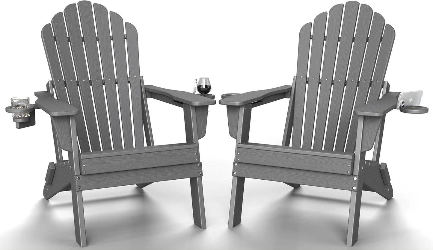 Plawdlik Folding Adirondack Chair Set of 2 with Dual Cup Holders, SGS Tested Heavy-Duty All-Weather HDPE Outdoor Patio Chairs, Widened Comfortable Seating, Wood-Grain Texture Plawdlik Furniture