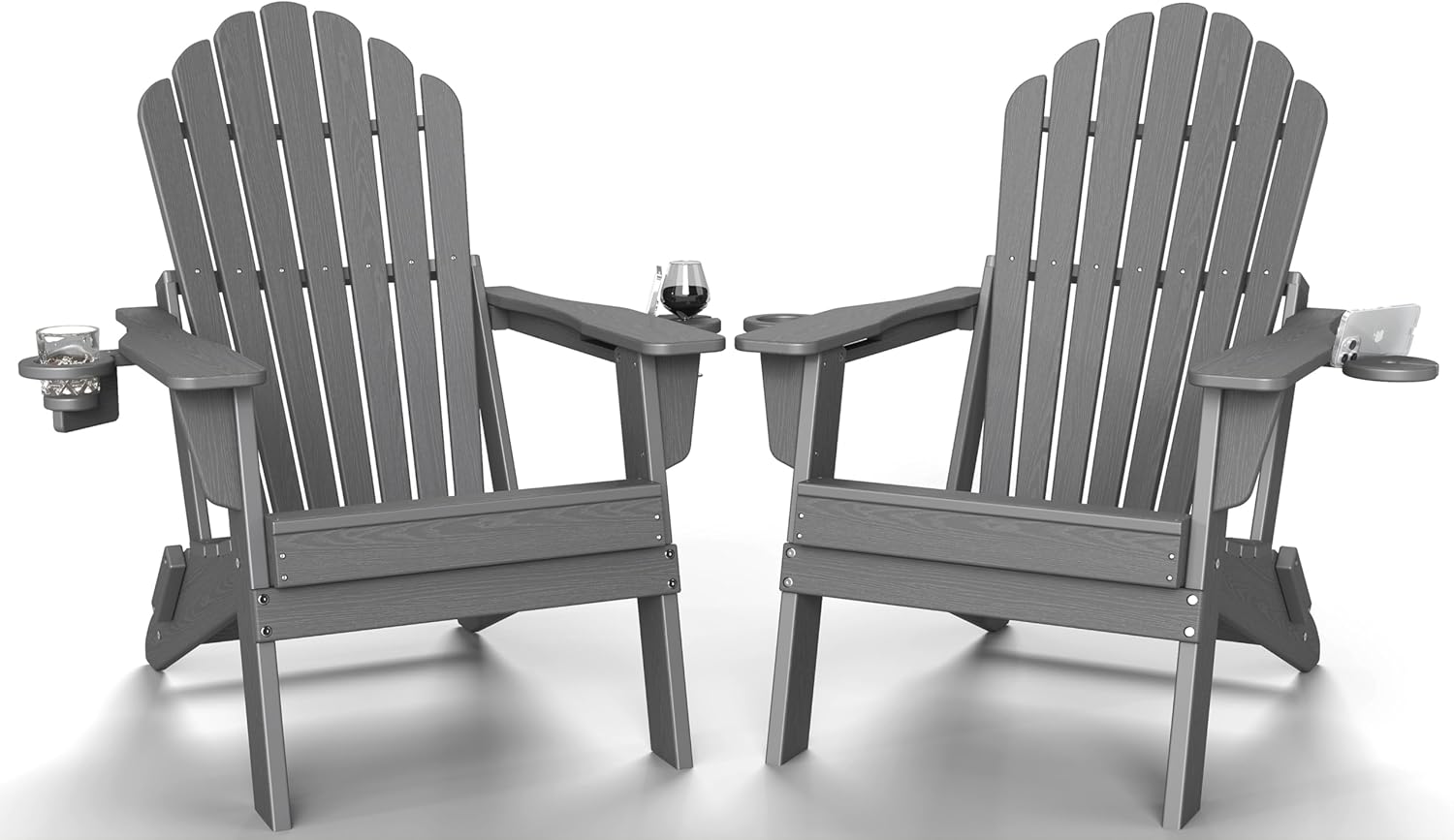 Plawdlik Folding Adirondack Chair Set of 2 with Dual Cup Holders, SGS Tested Heavy-Duty All-Weather HDPE Outdoor Patio Chairs, Widened Comfortable Seating, Wood-Grain Texture Plawdlik Furniture