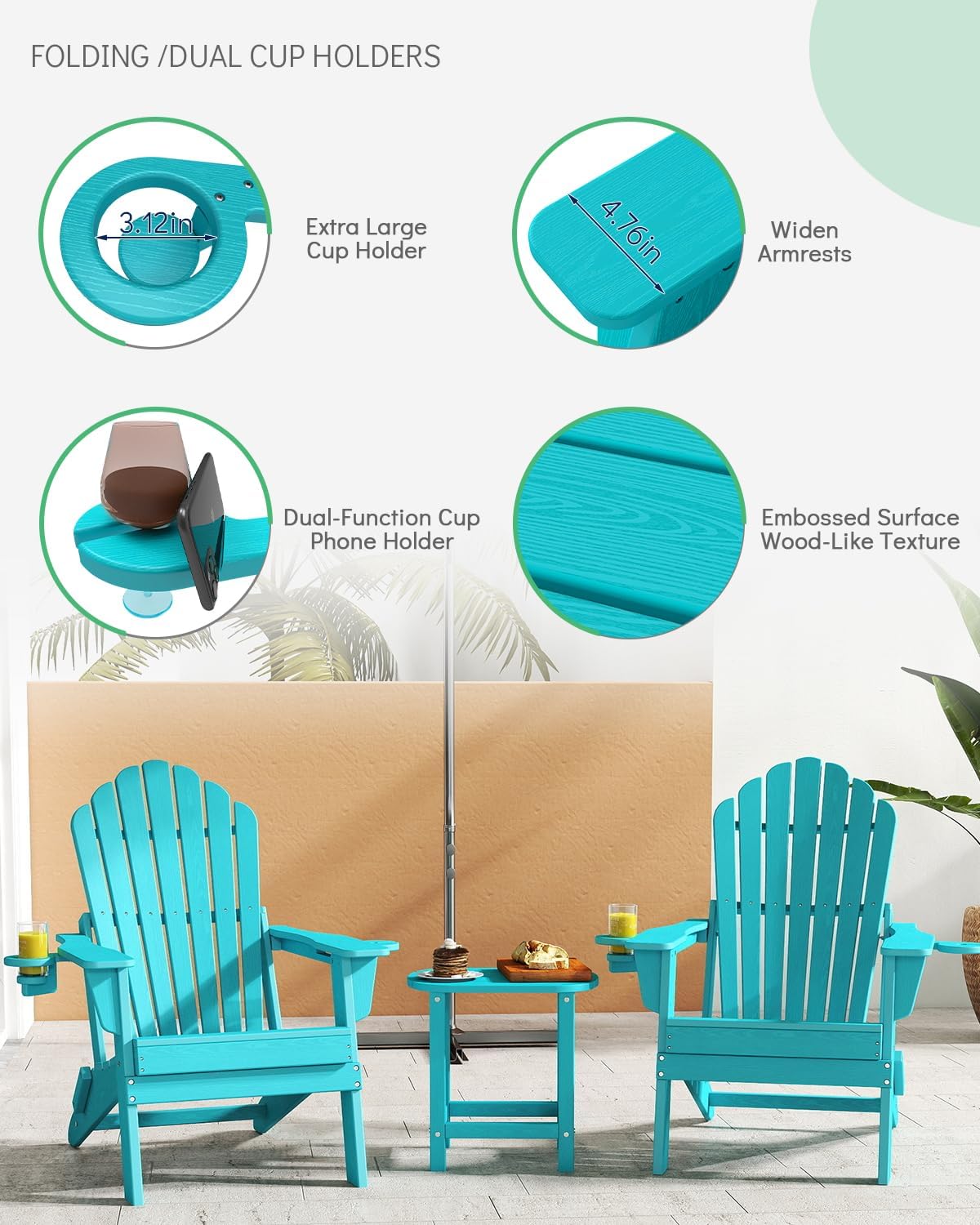 Plawdlik Oversized Folding Adirondack Chair with Dual Cup Holders Plastic Outdoor Plawdlik Furniture