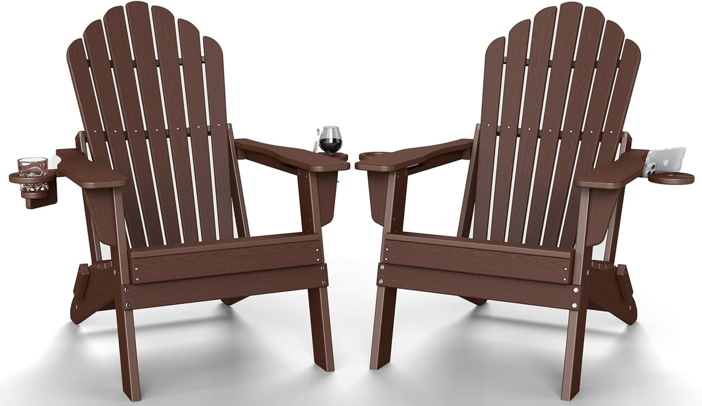 Plawdlik Folding Adirondack Chair Set of 2 with Dual Cup Holders, SGS Tested Heavy-Duty All-Weather HDPE Outdoor Patio Chairs, Widened Comfortable Seating, Wood-Grain Texture Plawdlik Furniture