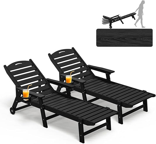Set of 2 Oversized Adirondack Lounge Chair with Wheels & Cup Holder – 5-Position Recliner