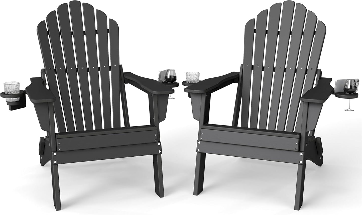 Plawdlik Folding Adirondack Chair Set of 2 with Dual Cup Holders, SGS Tested Heavy-Duty All-Weather HDPE Outdoor Patio Chairs, Widened Comfortable Seating, Wood-Grain Texture Plawdlik Furniture