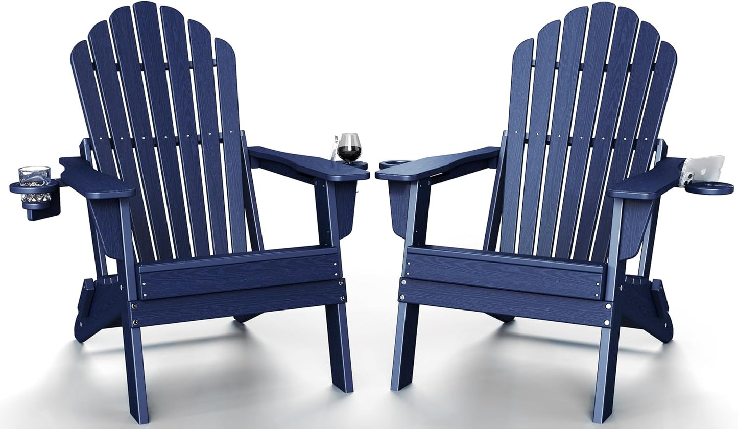 Plawdlik Folding Adirondack Chair Set of 2 with Dual Cup Holders, SGS Tested Heavy-Duty All-Weather HDPE Outdoor Patio Chairs, Widened Comfortable Seating, Wood-Grain Texture Plawdlik Furniture