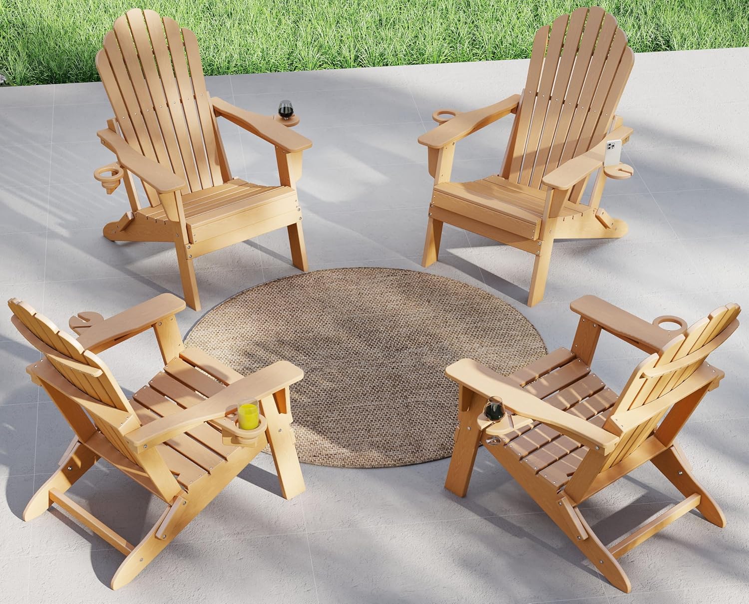 Plawdlik Folding Adirondack Chair Set of 4 – Dual Cup Holders, Widened Heavy-Duty All-Weather HDPE, SGS Tested, Wood-Grain Outdoor Patio Chairs Plawdlik Furniture